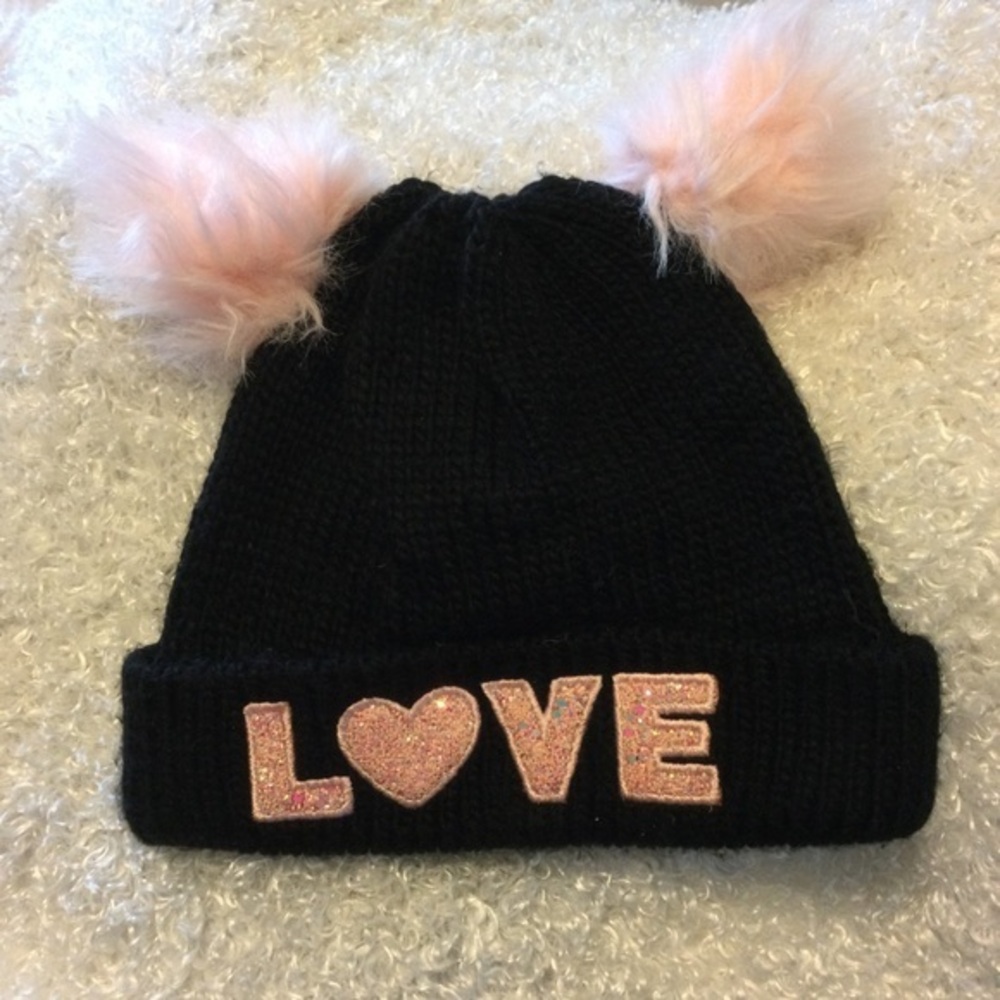 Place Black and Pink Kids Love Pom-Pom Beanie Stocking Cap Hat Tasseled